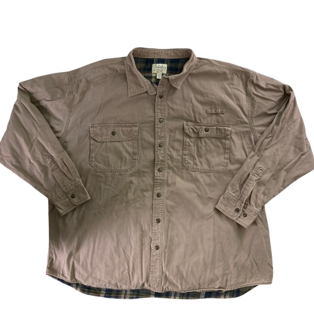 Cabela's Roughneck Plaid‎ Flannel Lined Tan Shirt Snap Front Cotton (Size 4XL)